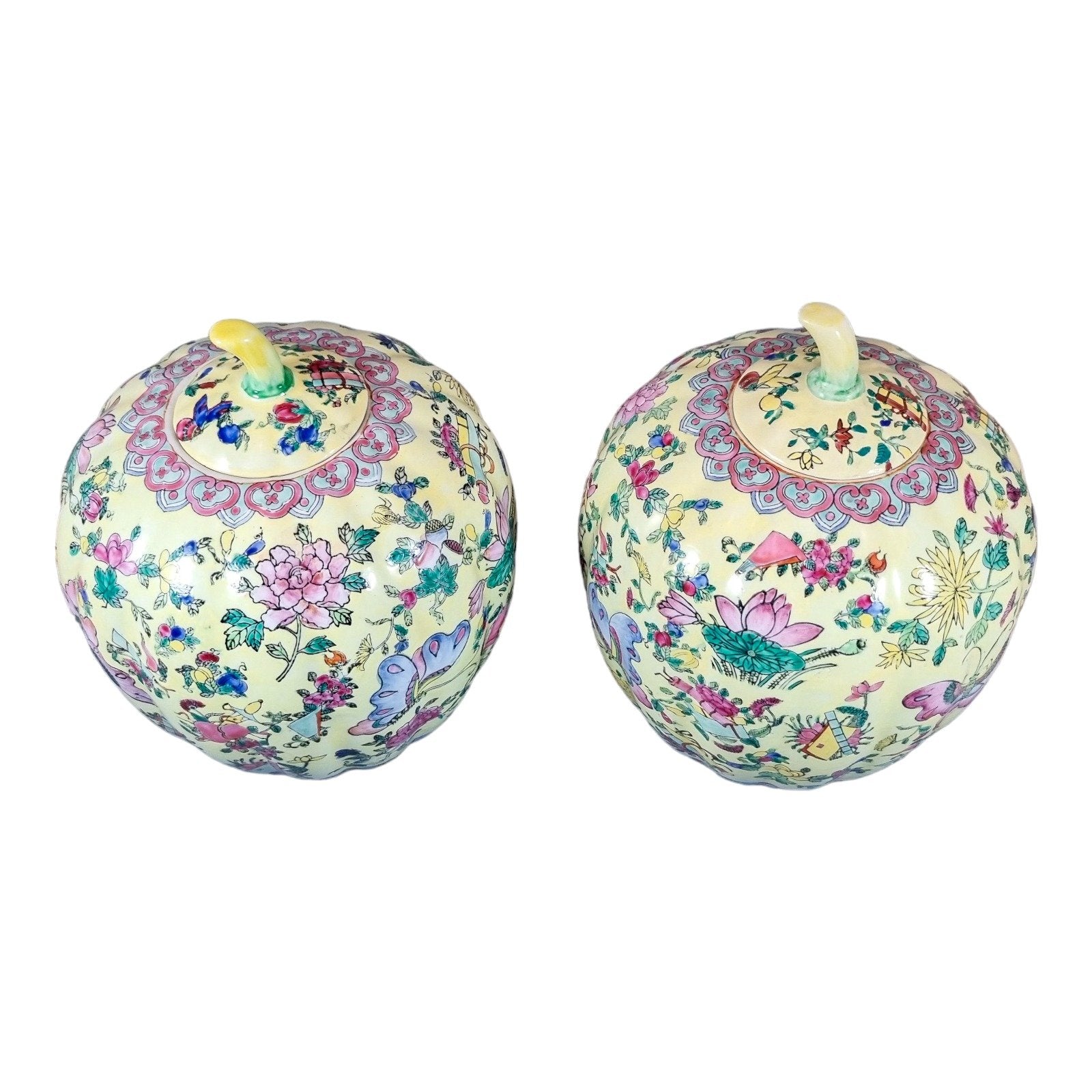 Guangxu Chinese Famille Jaune melon ginger jars painted with lotus flowers and butterflies, Qianlong red mark