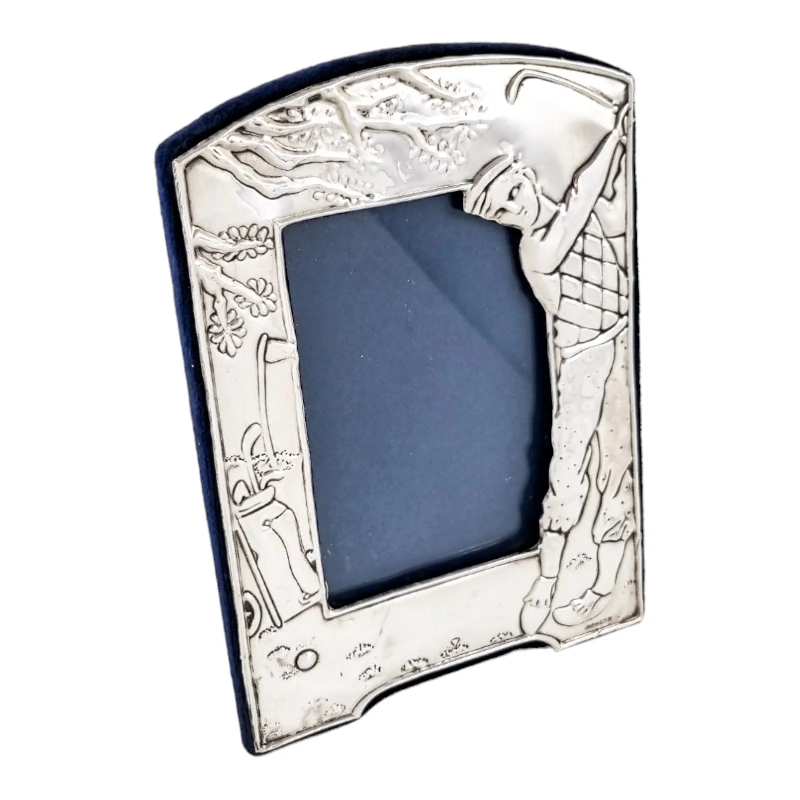Sterling silver strut easel photo frame with golfer, golfing caddy and tree