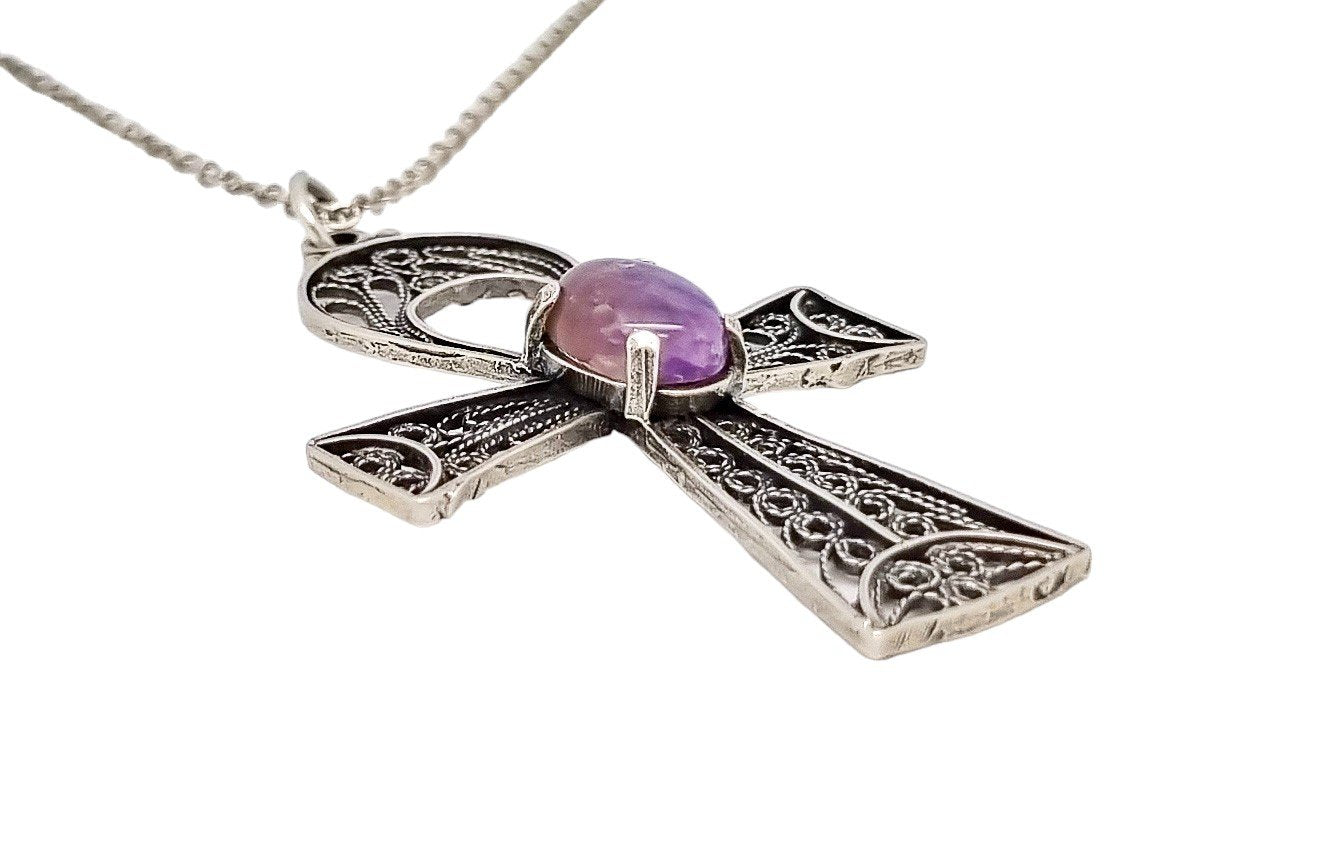 Sterling silver filigree cannetille large Egyptian cross Ankh amulet with fluorite