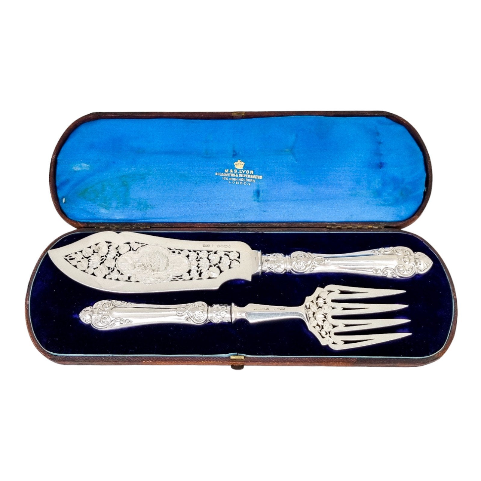 Cased Victorian sterling silver fish serving set with putto, lilies and dolphins, 1858