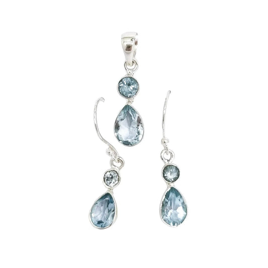 Bridal sterling silver blue topaz set – dangle drop teardrop earrings and pendant