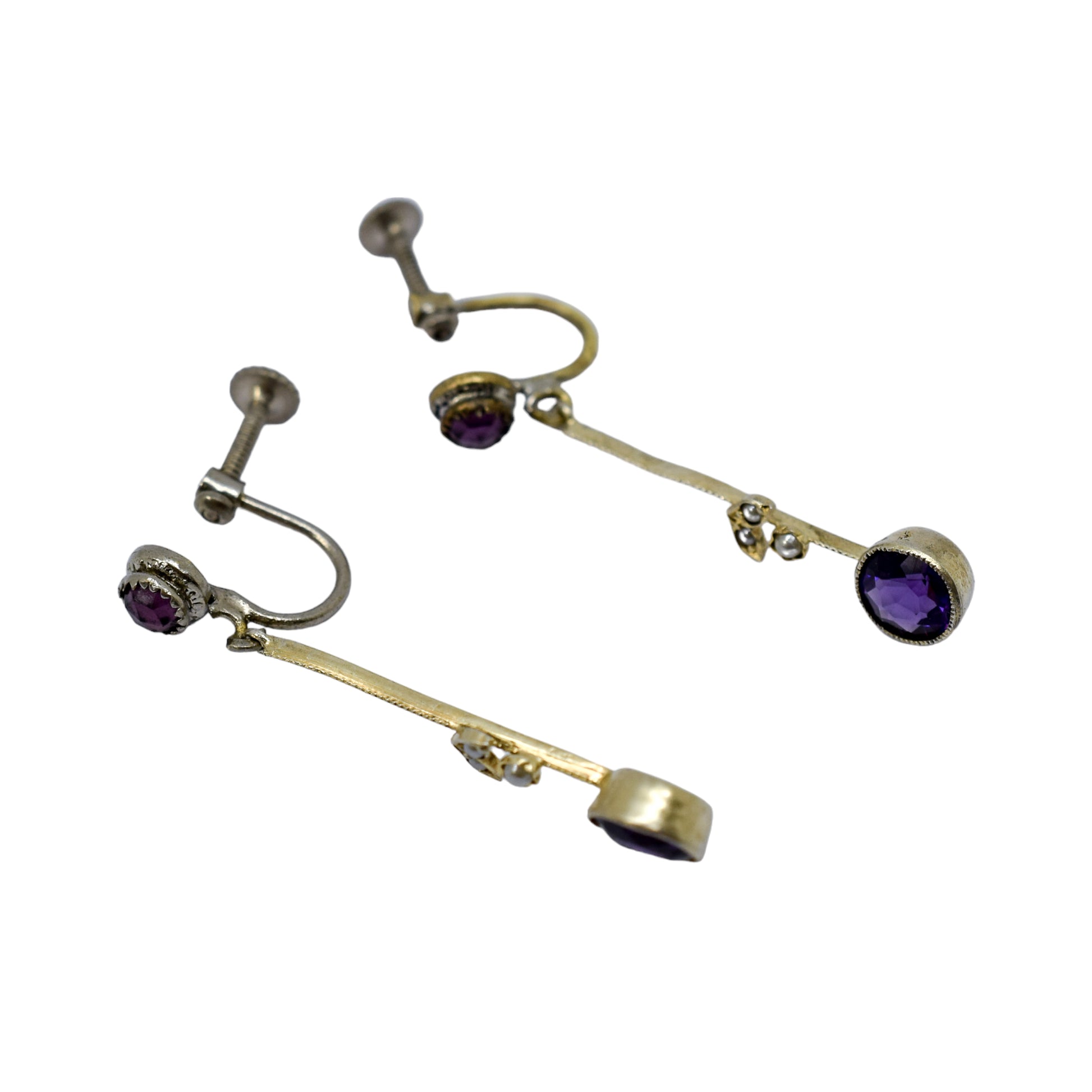 Victorian screw fitting drop earrings with seed pearls and paste amethysts