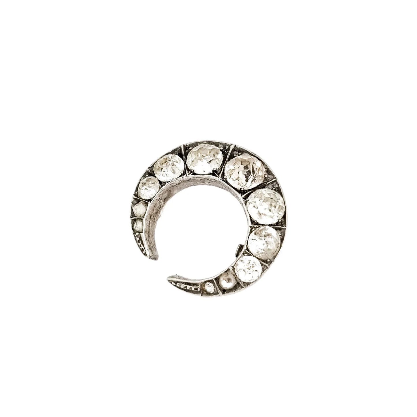 Victorian old mine cut paste silver crescent moon brooch