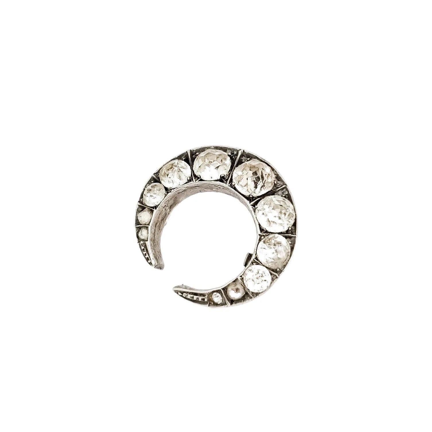Victorian old mine cut paste silver crescent moon brooch