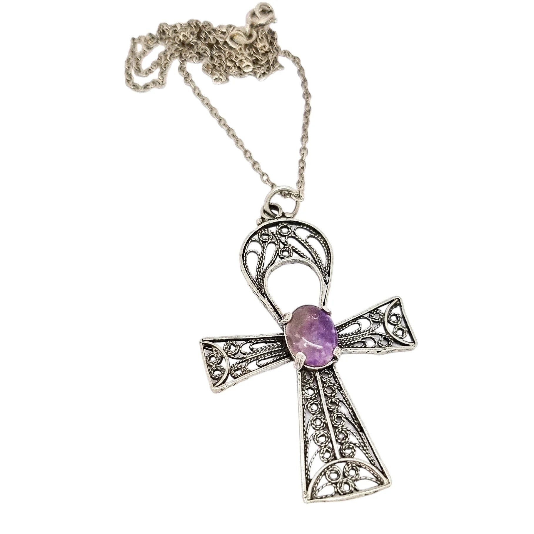 Sterling silver filigree cannetille large Egyptian cross Ankh amulet with fluorite
