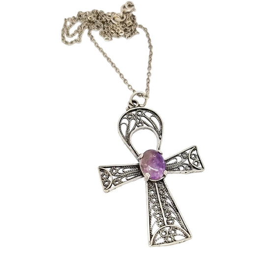 Sterling silver filigree cannetille large Egyptian cross Ankh amulet with fluorite