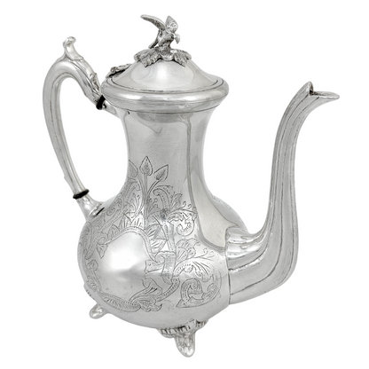 Victorian silver plated large four-piece tea and coffee set with bird finials to lids