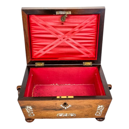 Early Victorian rosewood sarcophagus jewellery case with mother-of-pearl inlay