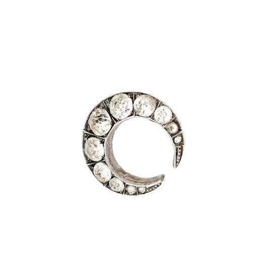 Victorian old mine cut paste silver crescent moon brooch