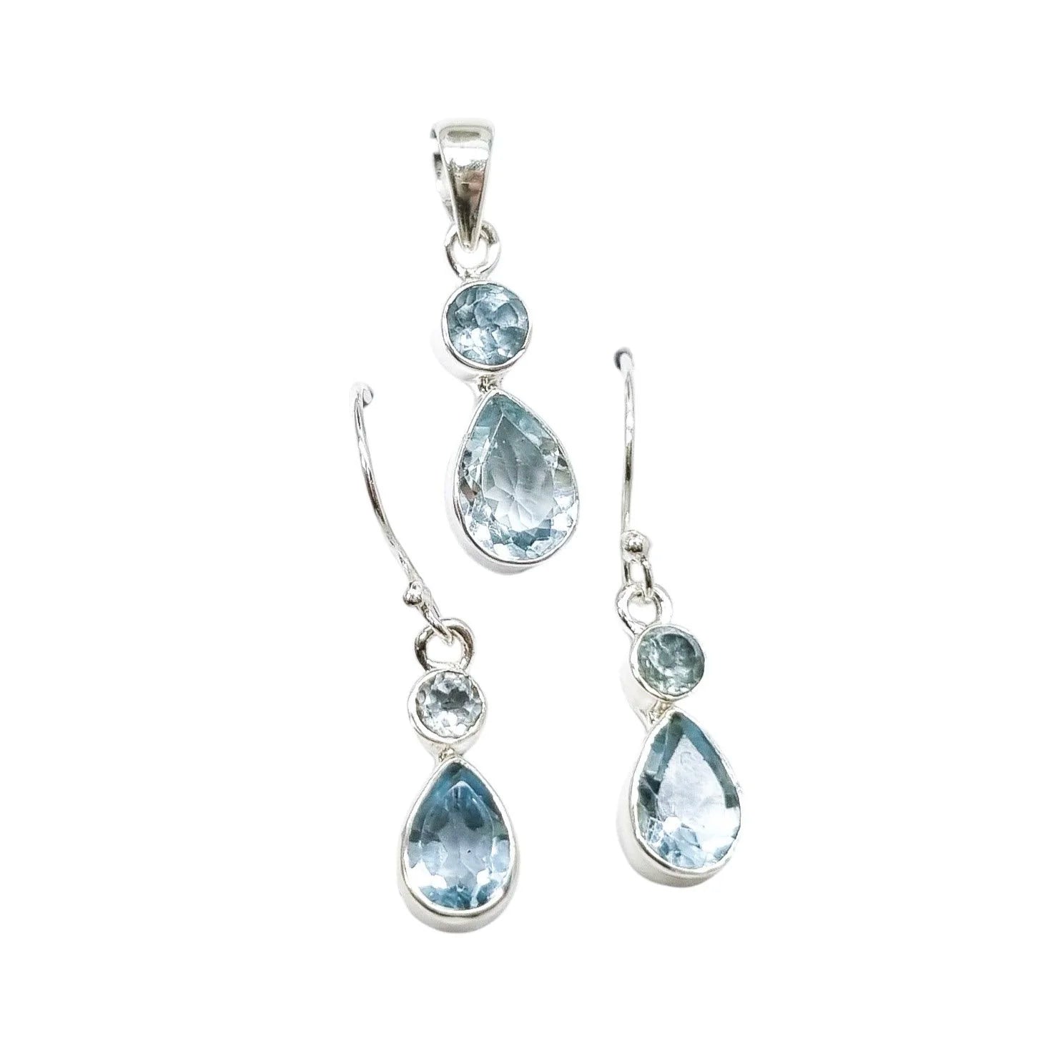 Bridal sterling silver blue topaz set – dangle drop teardrop earrings and pendant