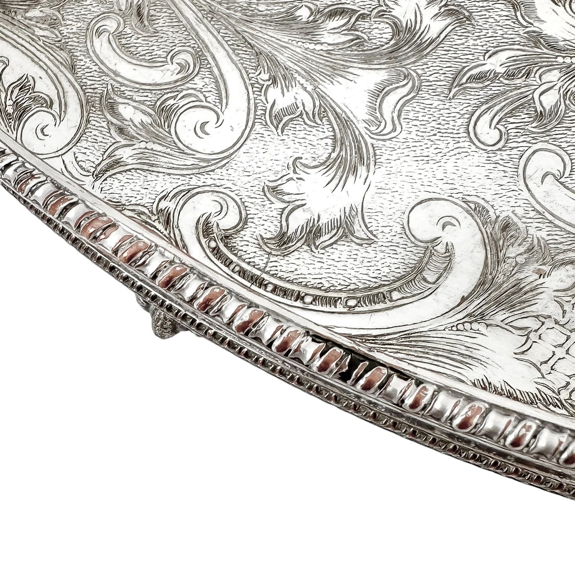 Vintage silver plated oval gallery serving tray on bird claw feet, in Louis XV style