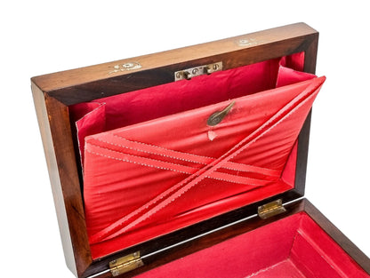 Early Victorian rosewood sarcophagus jewellery case with mother-of-pearl inlay