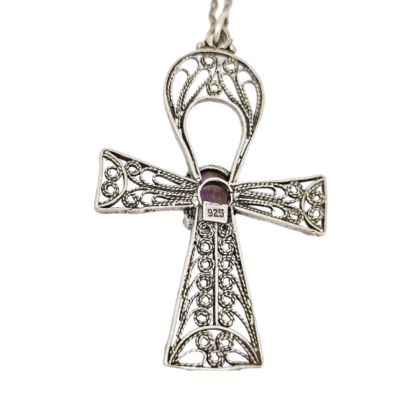 Sterling silver filigree cannetille large Egyptian cross Ankh amulet with fluorite