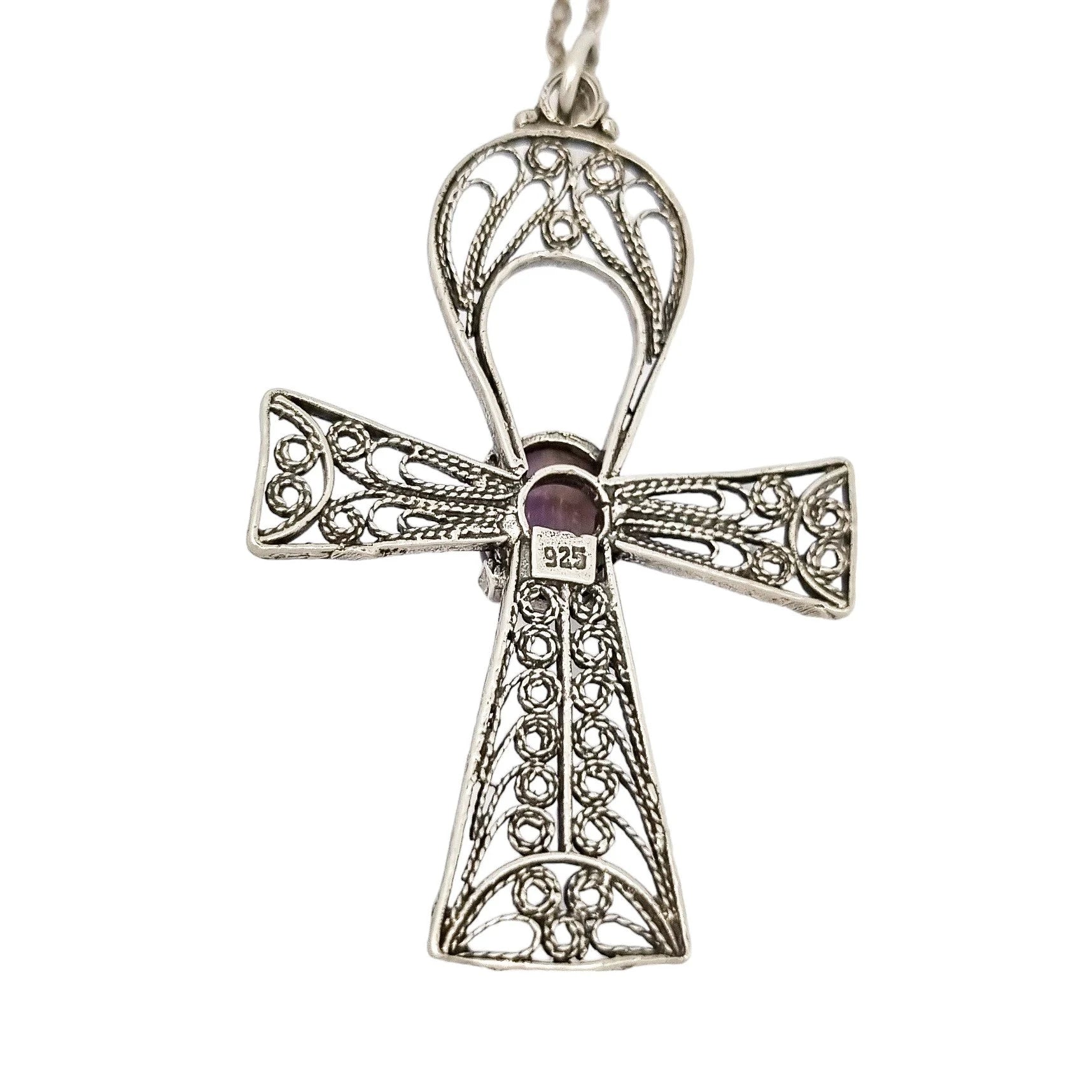 Sterling silver filigree cannetille large Egyptian cross Ankh amulet with fluorite