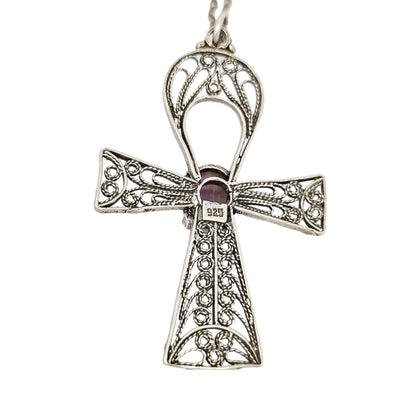 Sterling silver filigree cannetille large Egyptian cross Ankh amulet with fluorite
