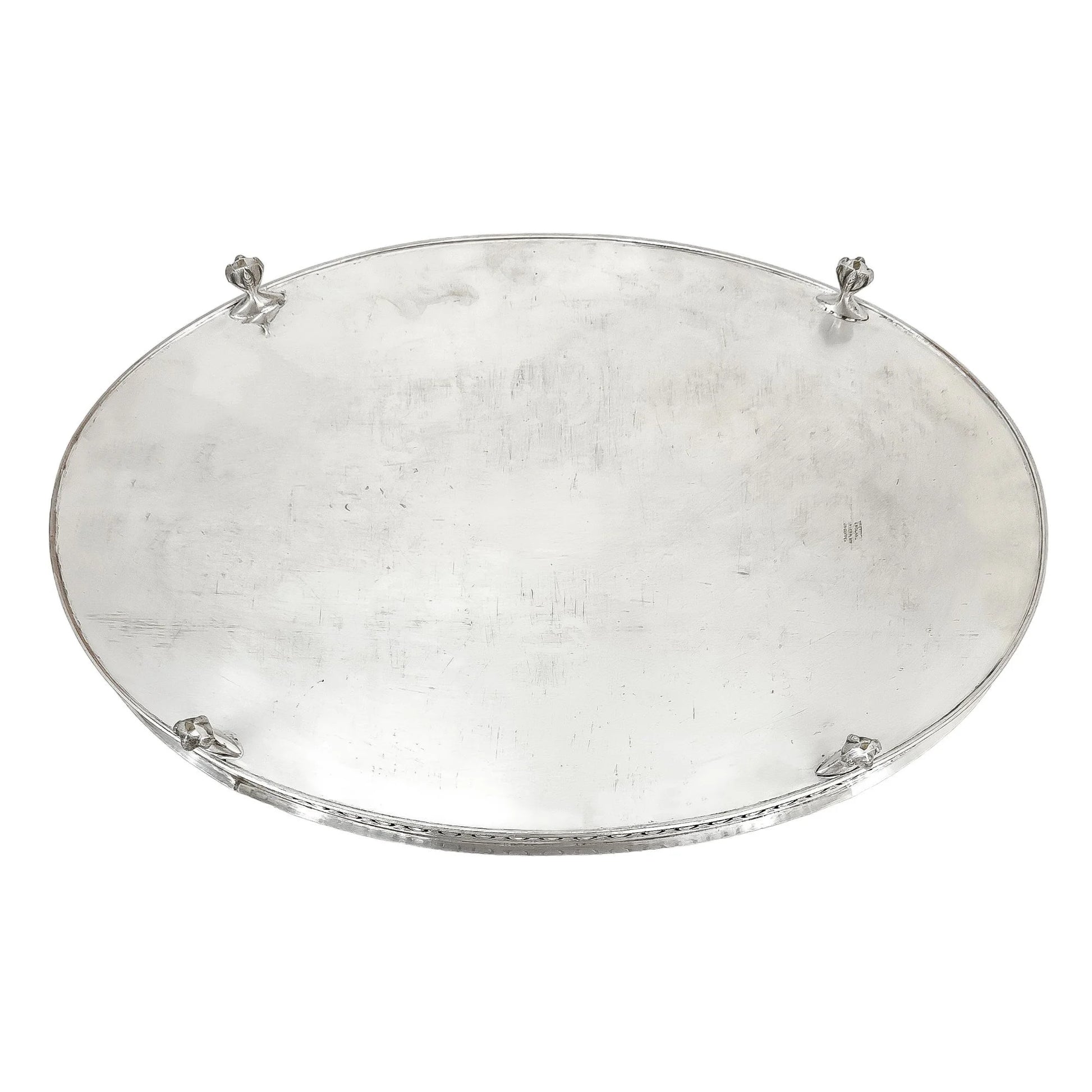Vintage silver plated oval gallery serving tray on bird claw feet, in Louis XV style