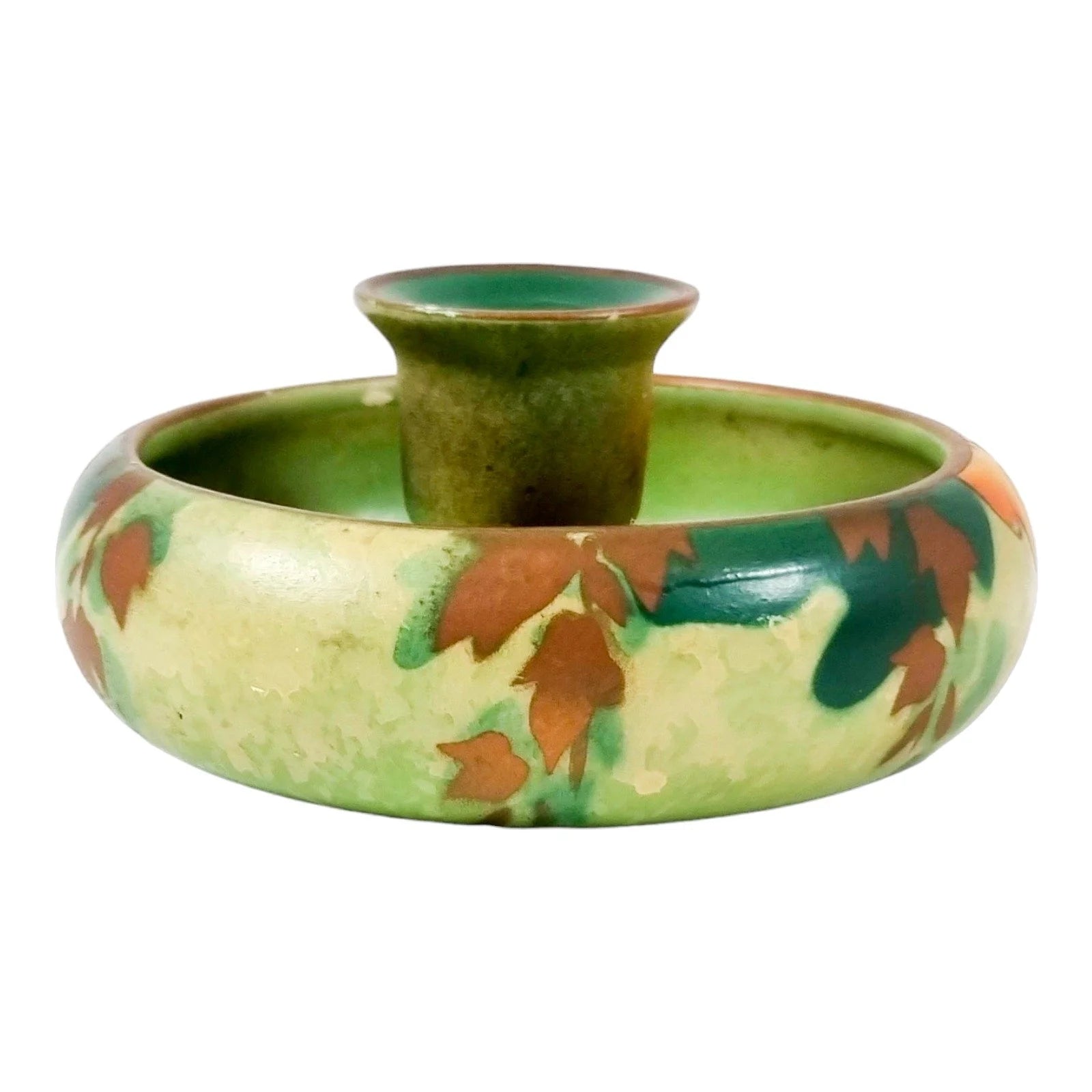 Studio Pottery green chamberstick and 2 matching candlesticks decorated with autumn oak leaves