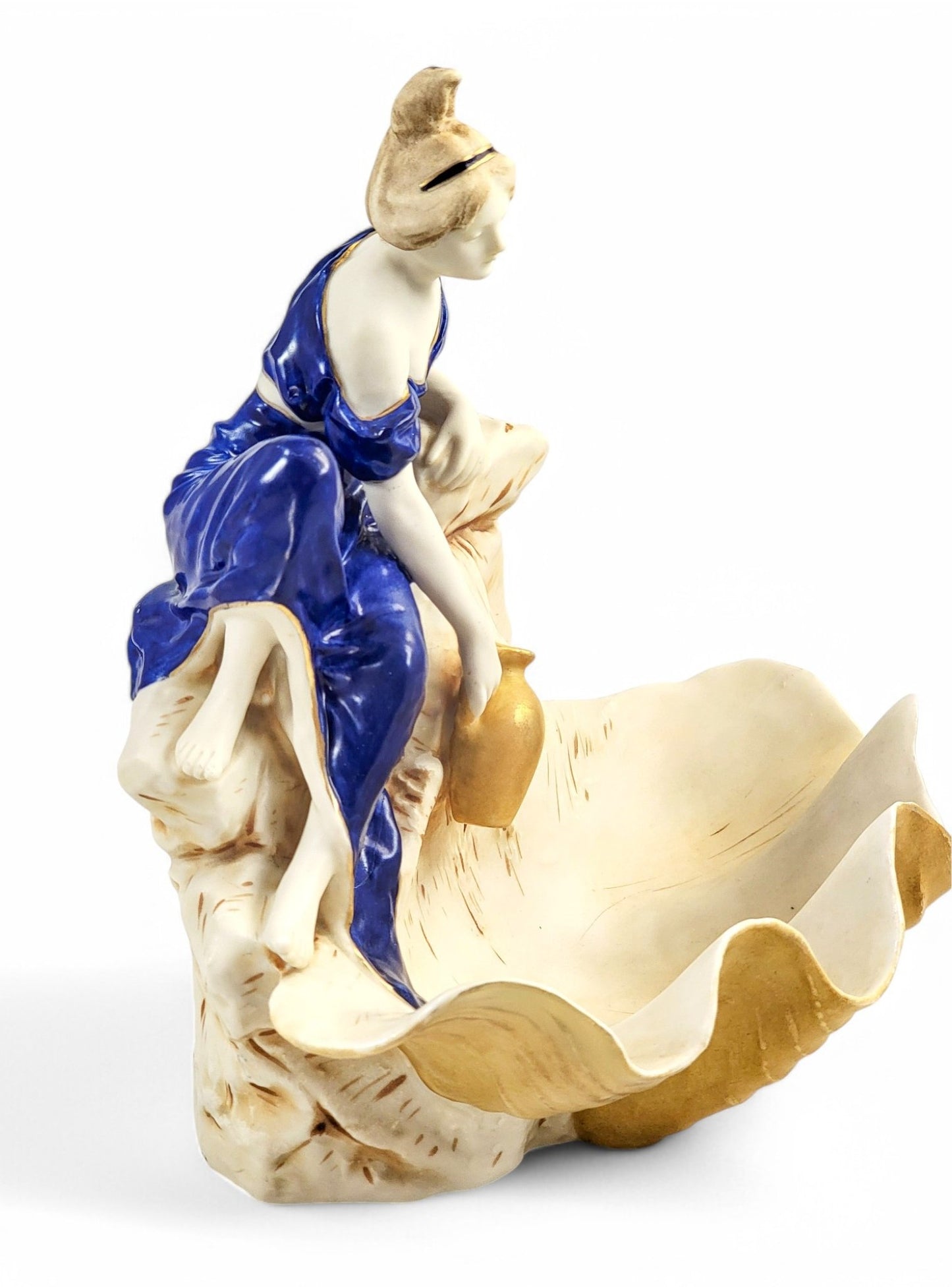 Royal Dux Bohemia Art Nouveau porcelain centrepiece with water bearer and giant clam shell, Czechoslovakia, circa 1920s