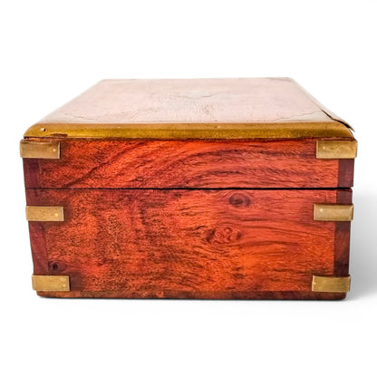 Vintage Indian rosewood campaign style box, brass-bound