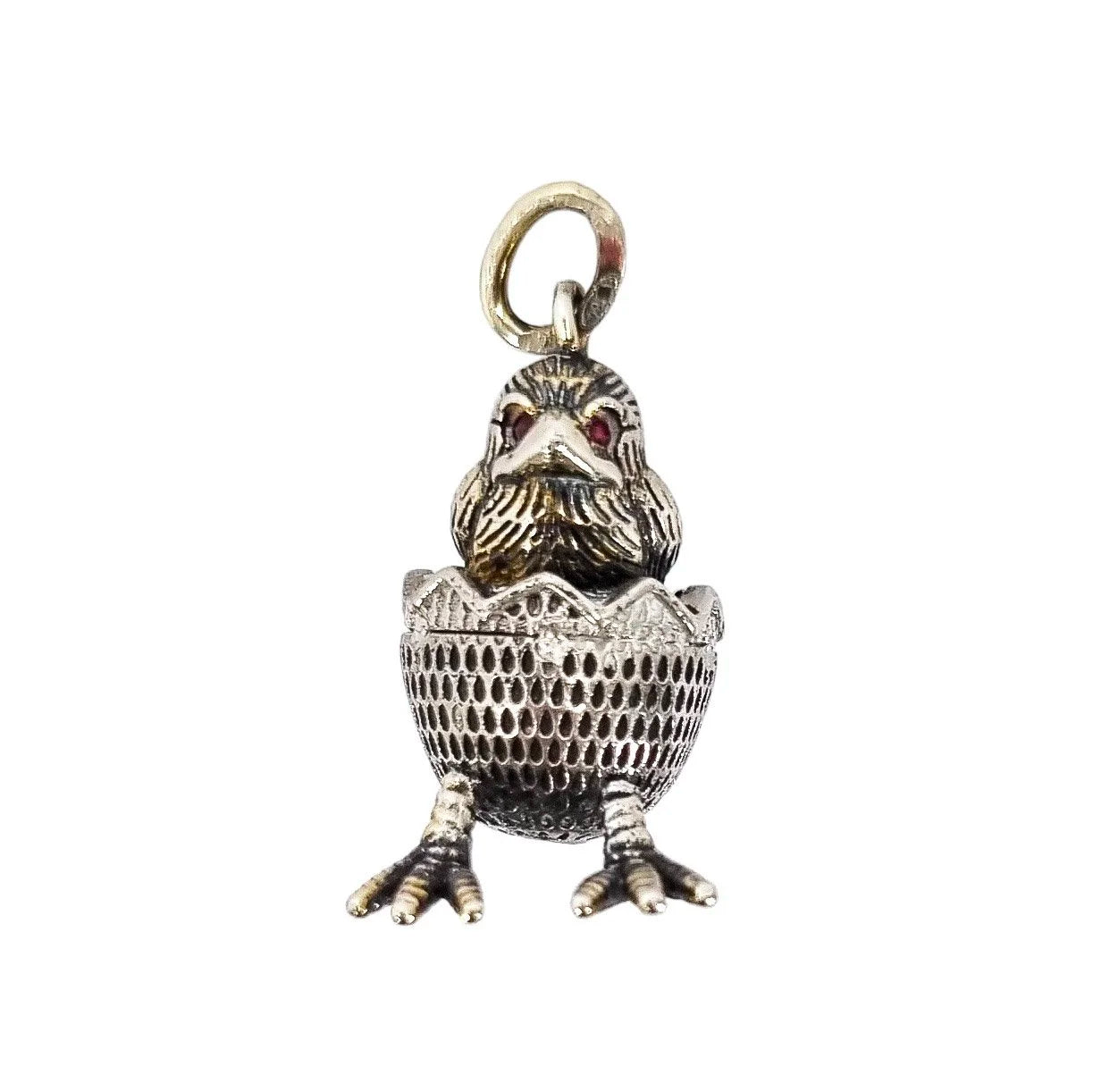 Russian 84 silver gilt egg chick hatching pendant with ruby eyes