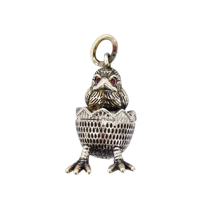 Russian 84 silver gilt egg chick hatching pendant with ruby eyes