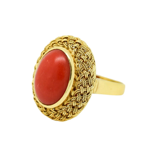 Vintage 1980's 18ct yellow gold oval coral cabochon cocktail ring, basket weave halo, size N