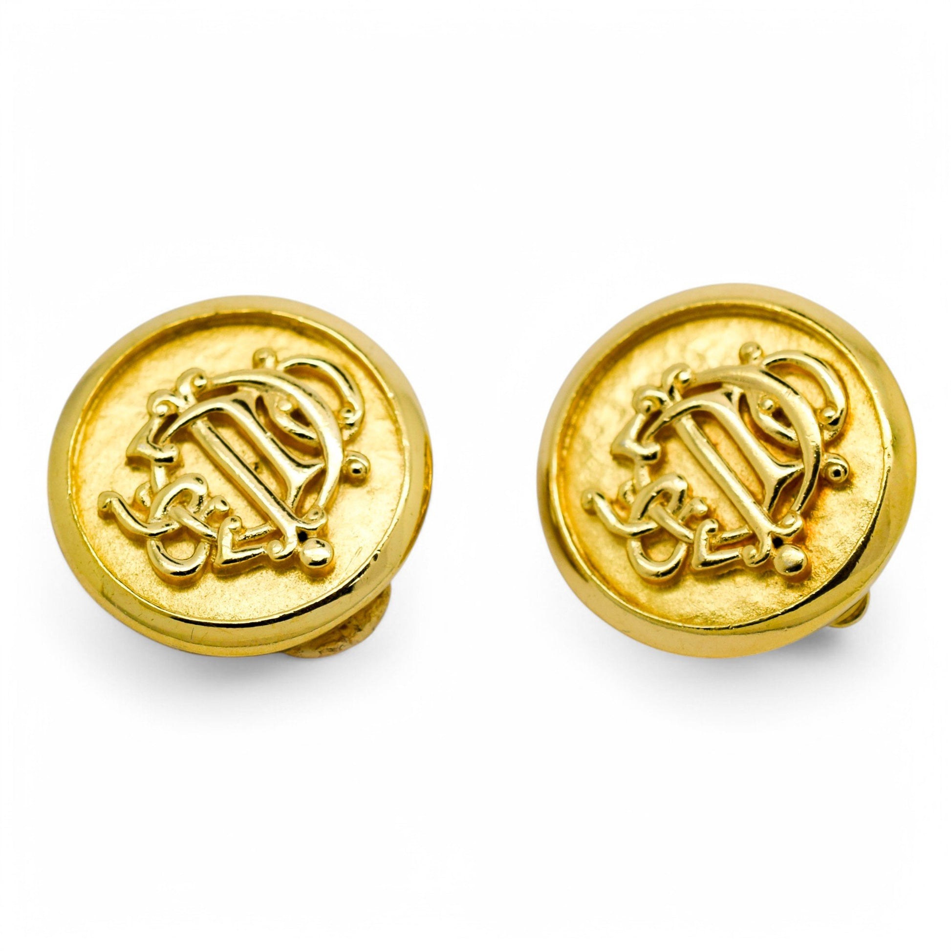 Boxed vintage Christian Dior 1980's insignia initial monogram logo round clip on earrings