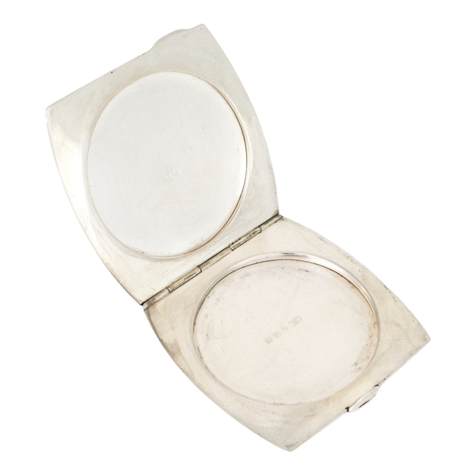 Sterling silver Art Deco engine-turned square compact powder case with mirror