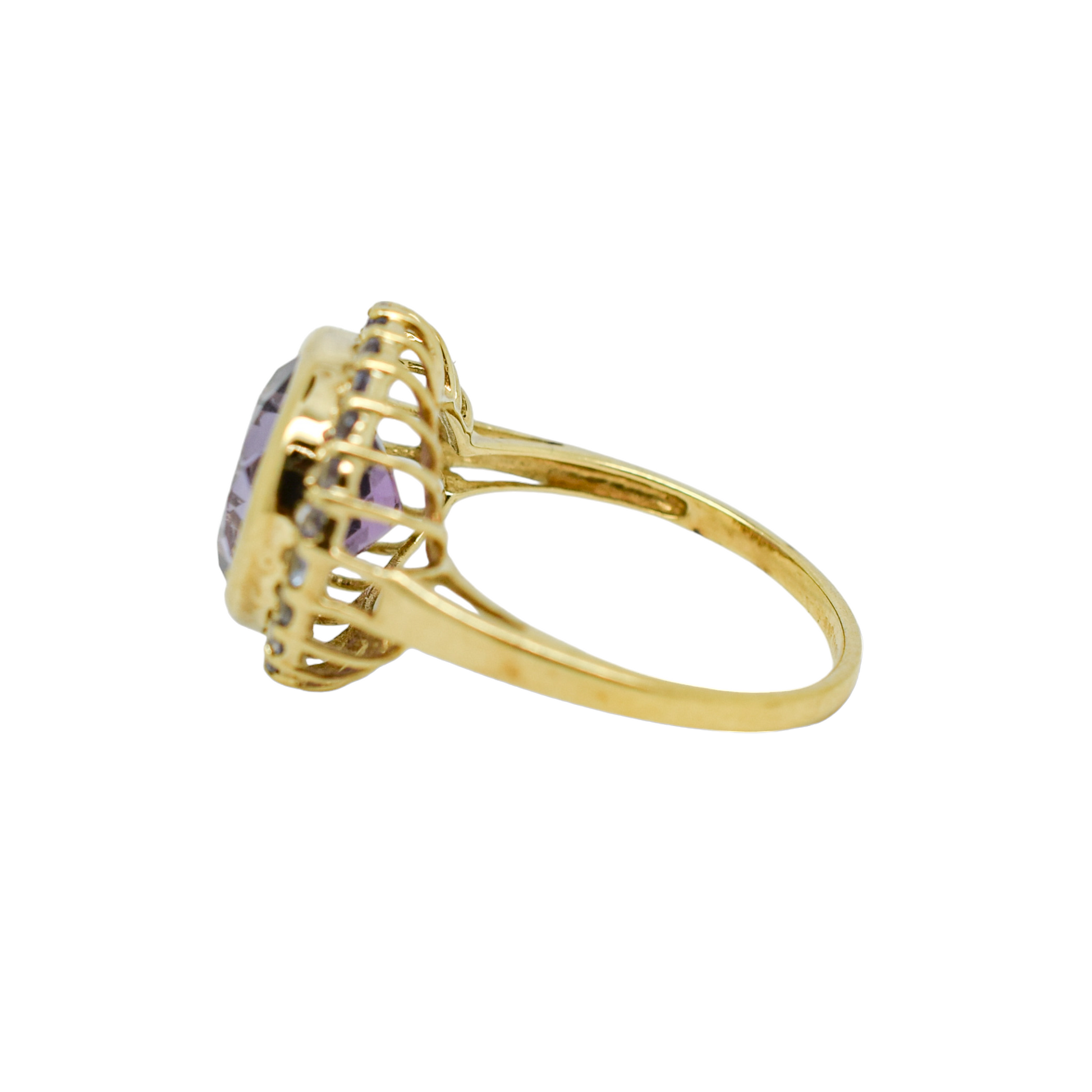 Vintage 5ct amethyst and topaz round-cut statement ring in 9ct yellow gold, size N