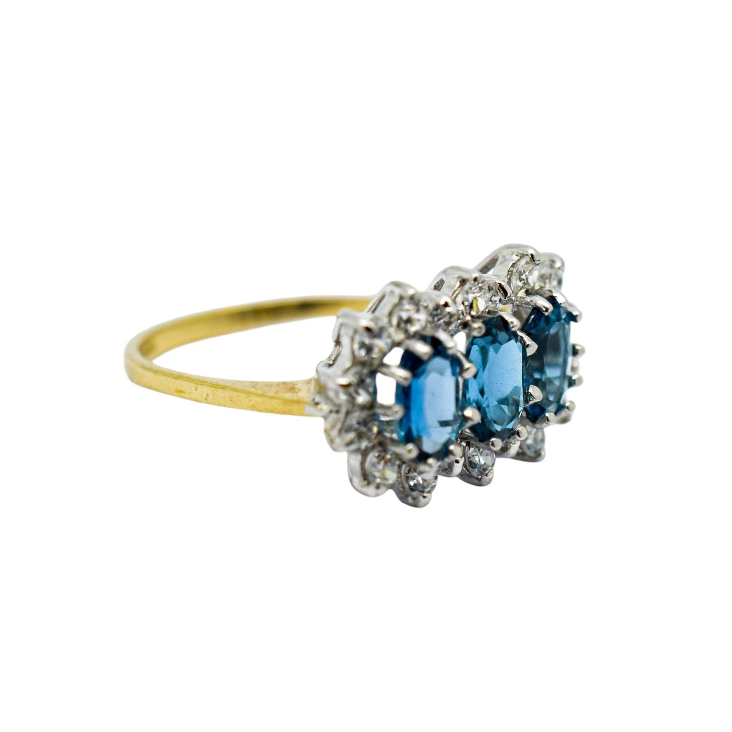 Vintage 1980's three-stone blue topaz cluster ring, 9ct yellow gold, size K 1/2