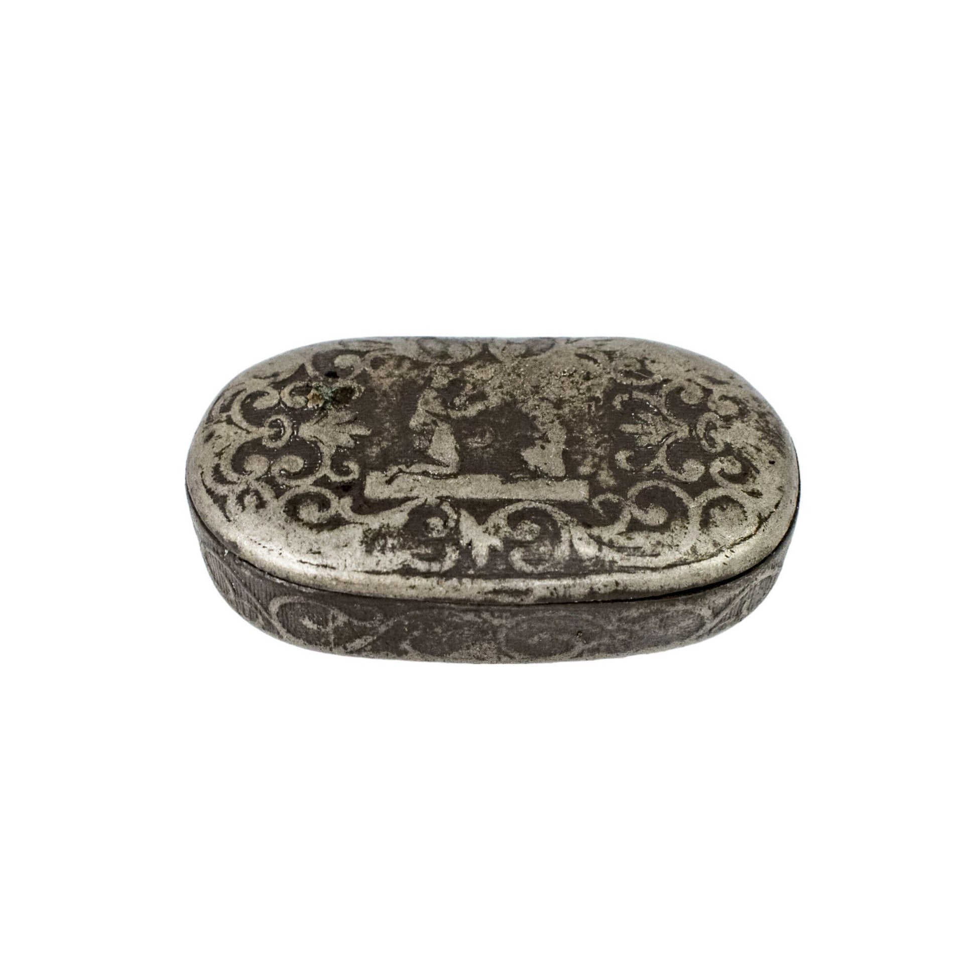 18th century Continental pewter snuff box engraved with scrolls and figures