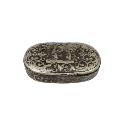 18th century Continental pewter snuff box engraved with scrolls and figures