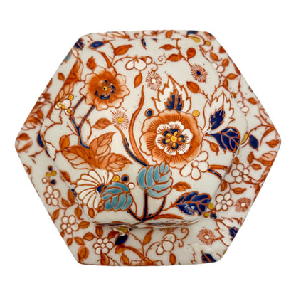 Japanese Meiji era hexagonal lidded caddy / ginger jar with blossoming flowers