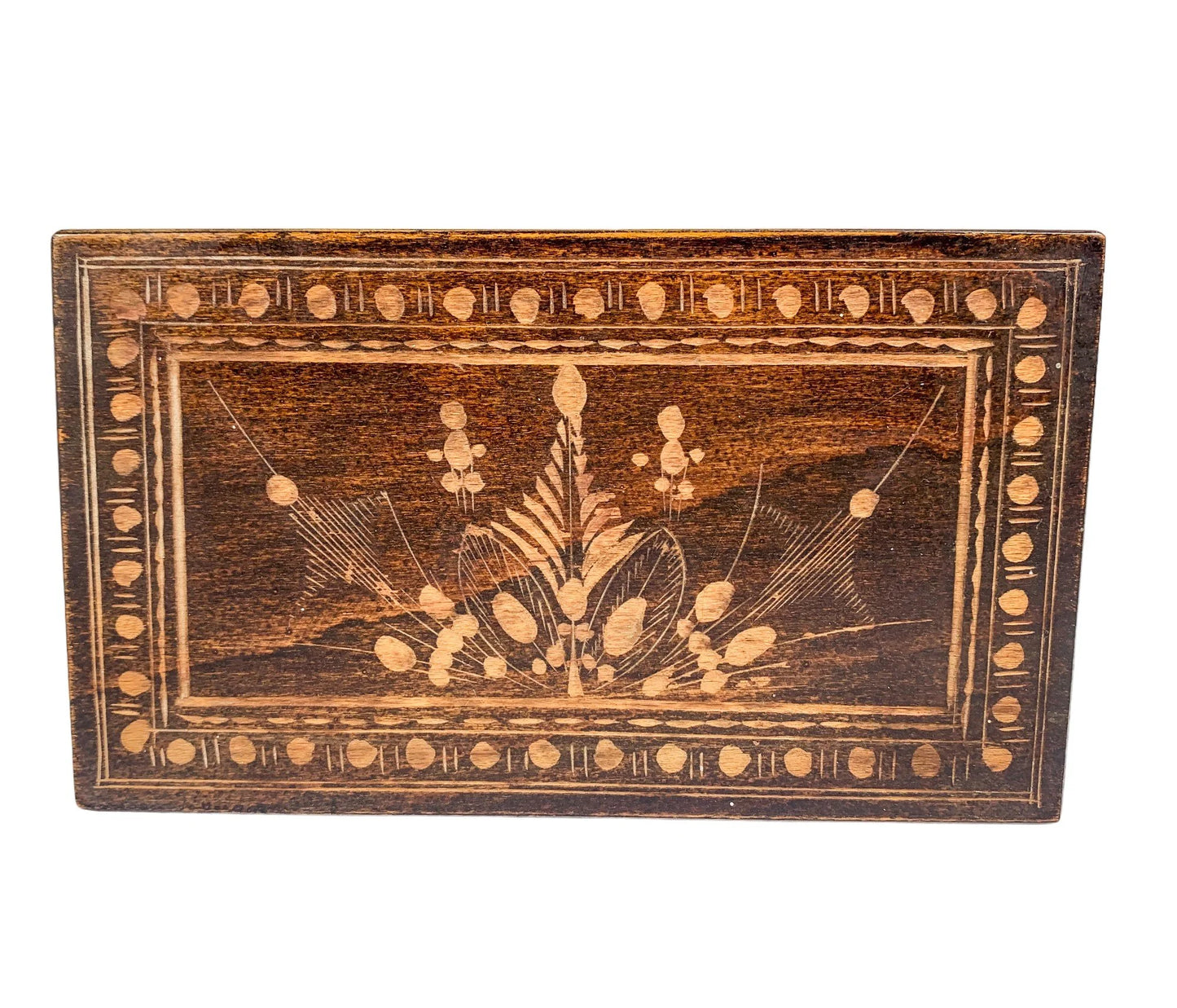 Vintage French chestnut wood trinket / card / cigarette box with hand carved floral lid