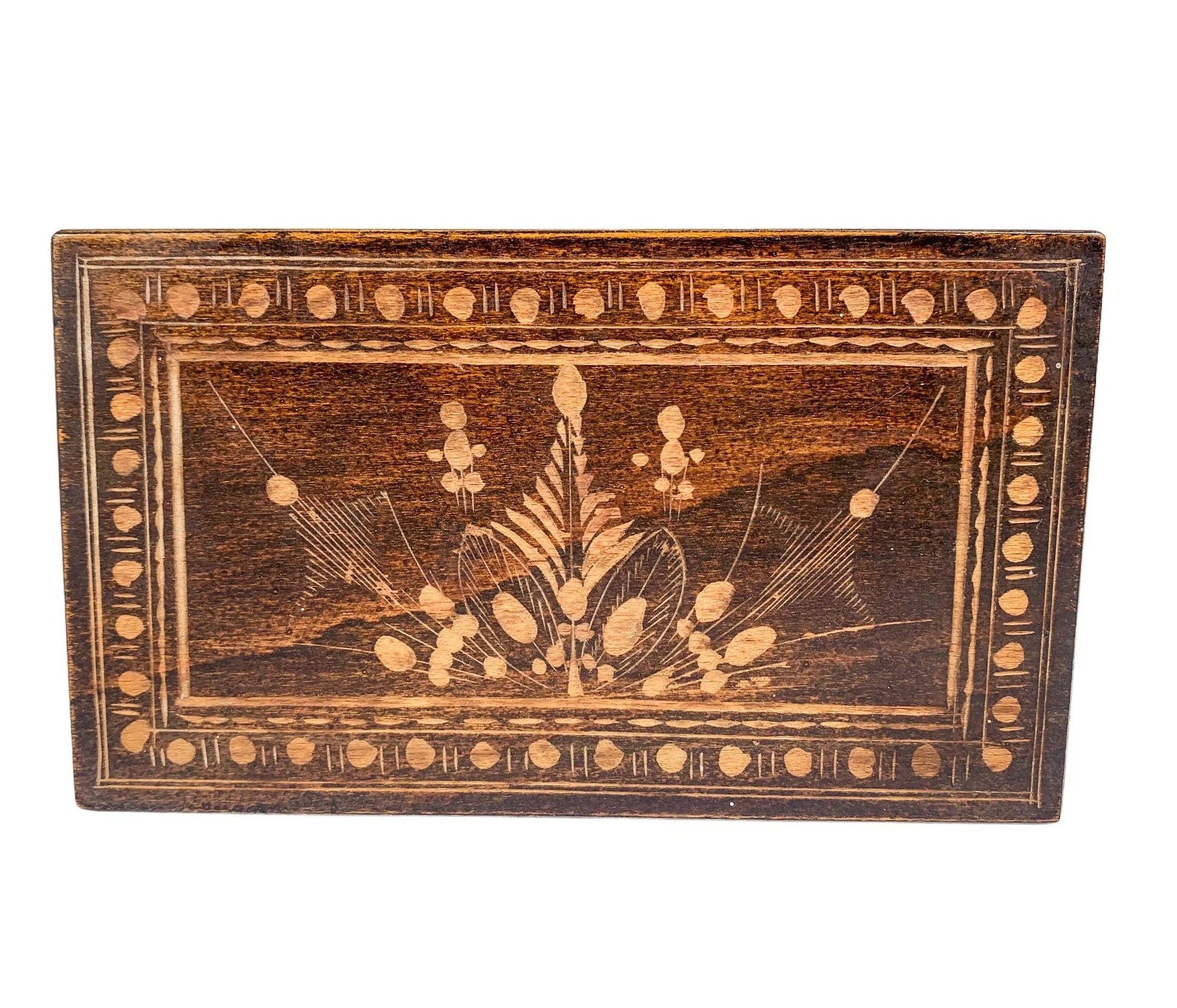 Vintage French chestnut wood trinket / card / cigarette box with hand carved floral lid