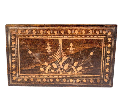 Vintage French chestnut wood trinket / card / cigarette box with hand carved floral lid
