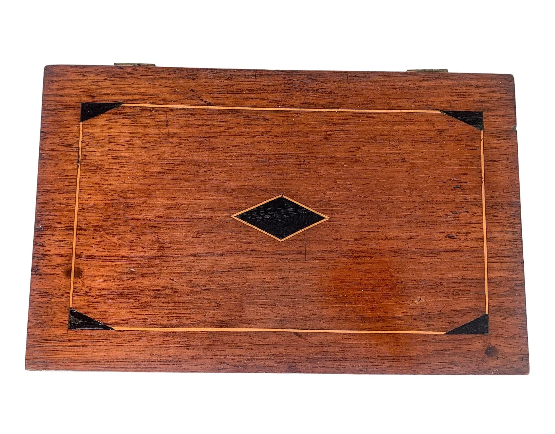 Large Victorian mahogany work box / jewellery chest with rhombus design to lid