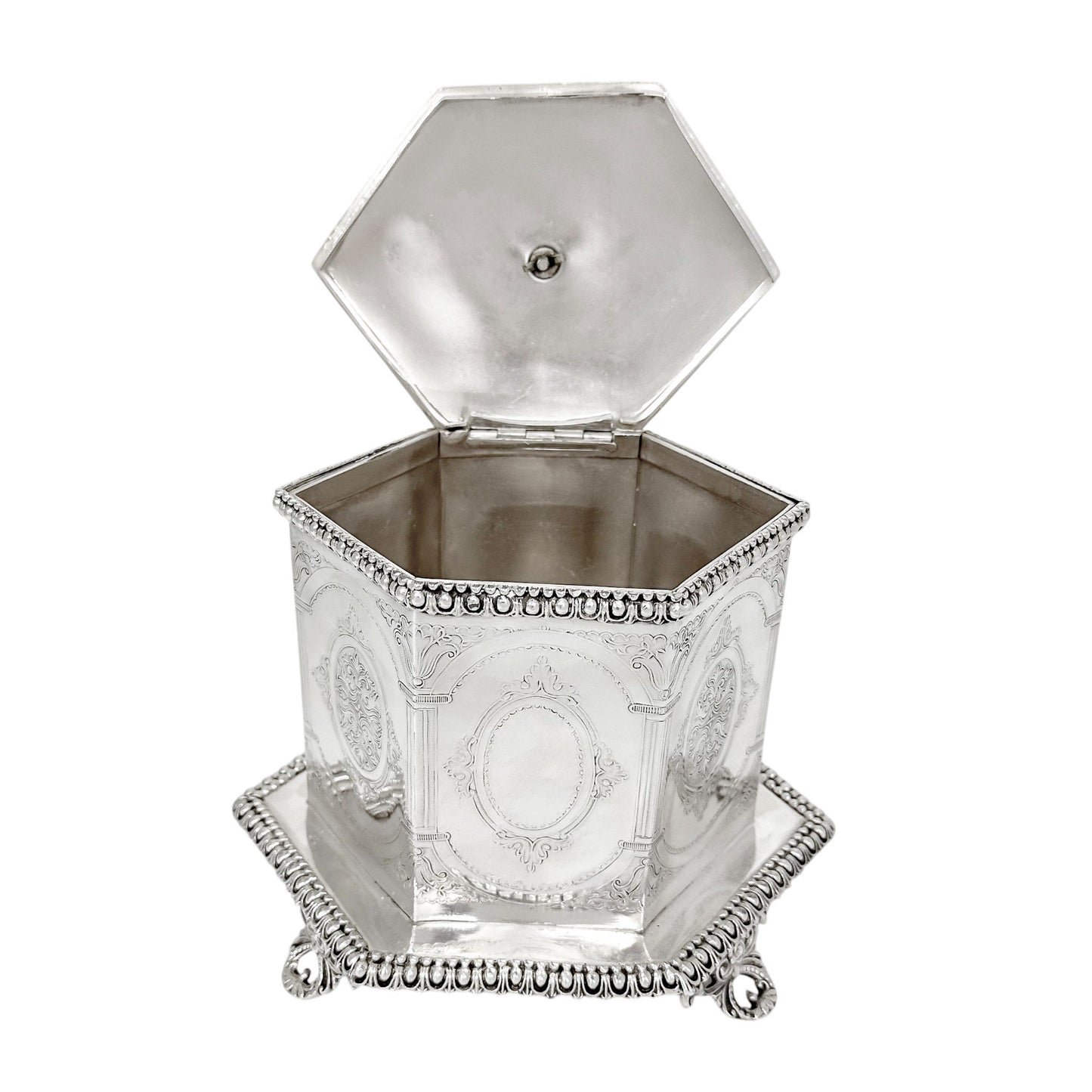 Victorian Neoclassical 6-sided silver-plated biscuit barrel on cast feet with egg-and-dart trim