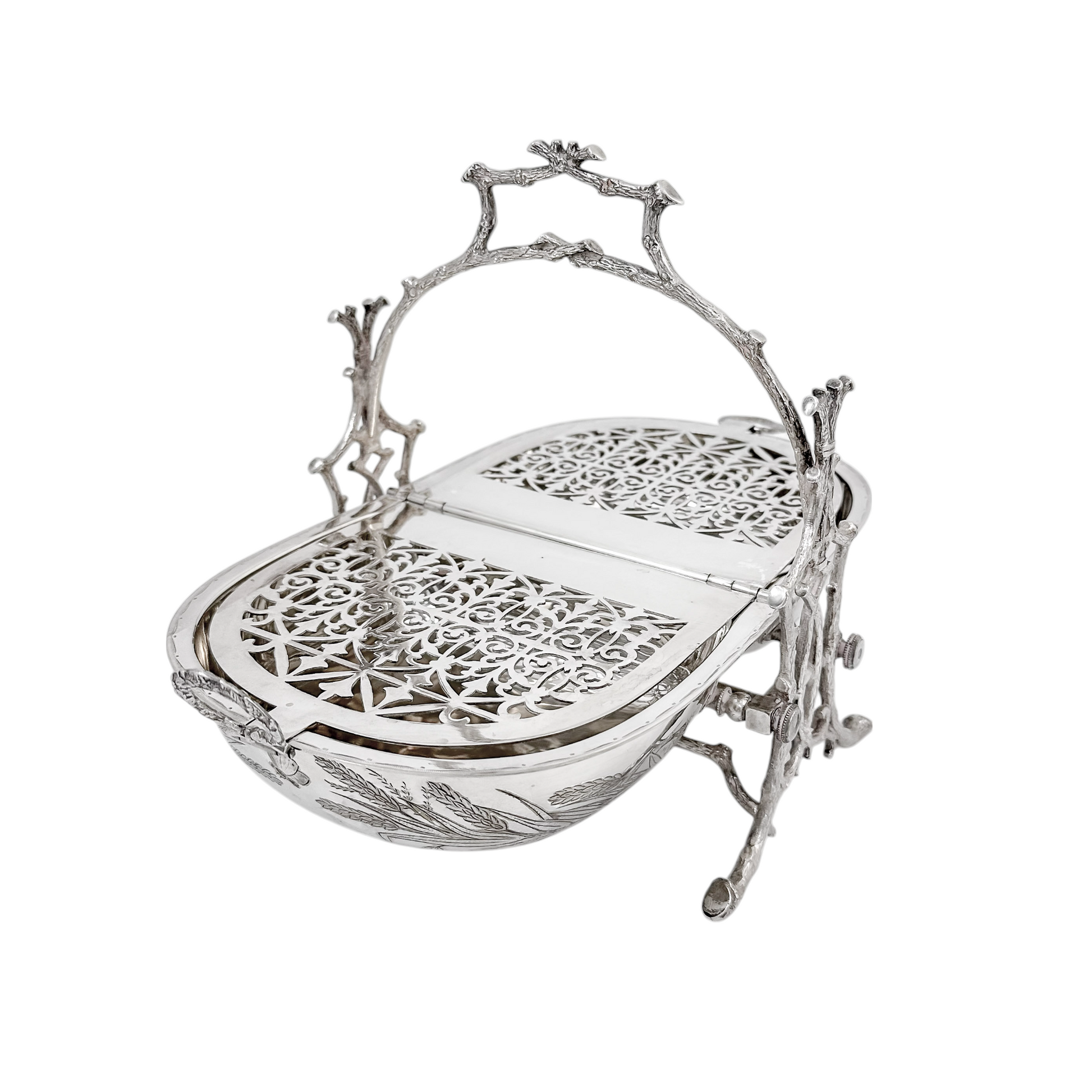 Victorian silver-plated Aesthetic folding biscuit box, Staniforth Fenton