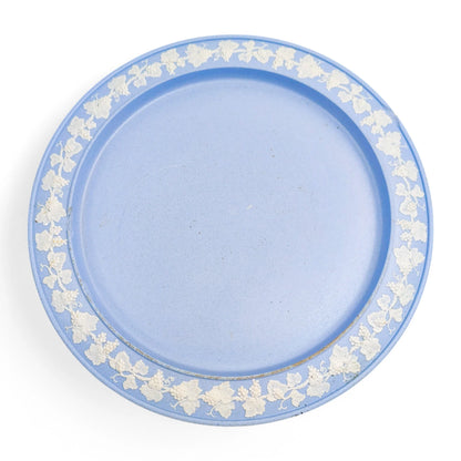 Antique English Wedgwood style blue jasperware cheese dome and stand with grapevine decoration, 19th century