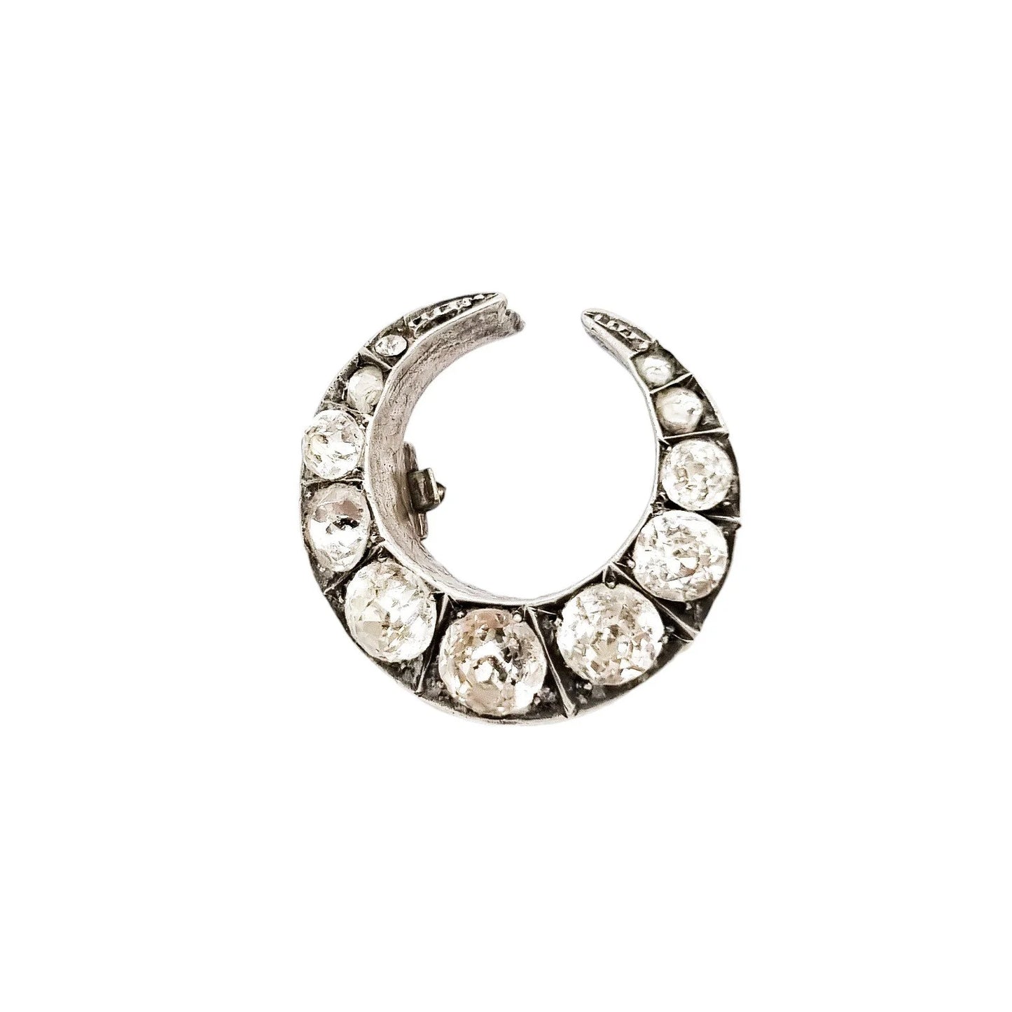 Victorian old mine cut paste silver crescent moon brooch