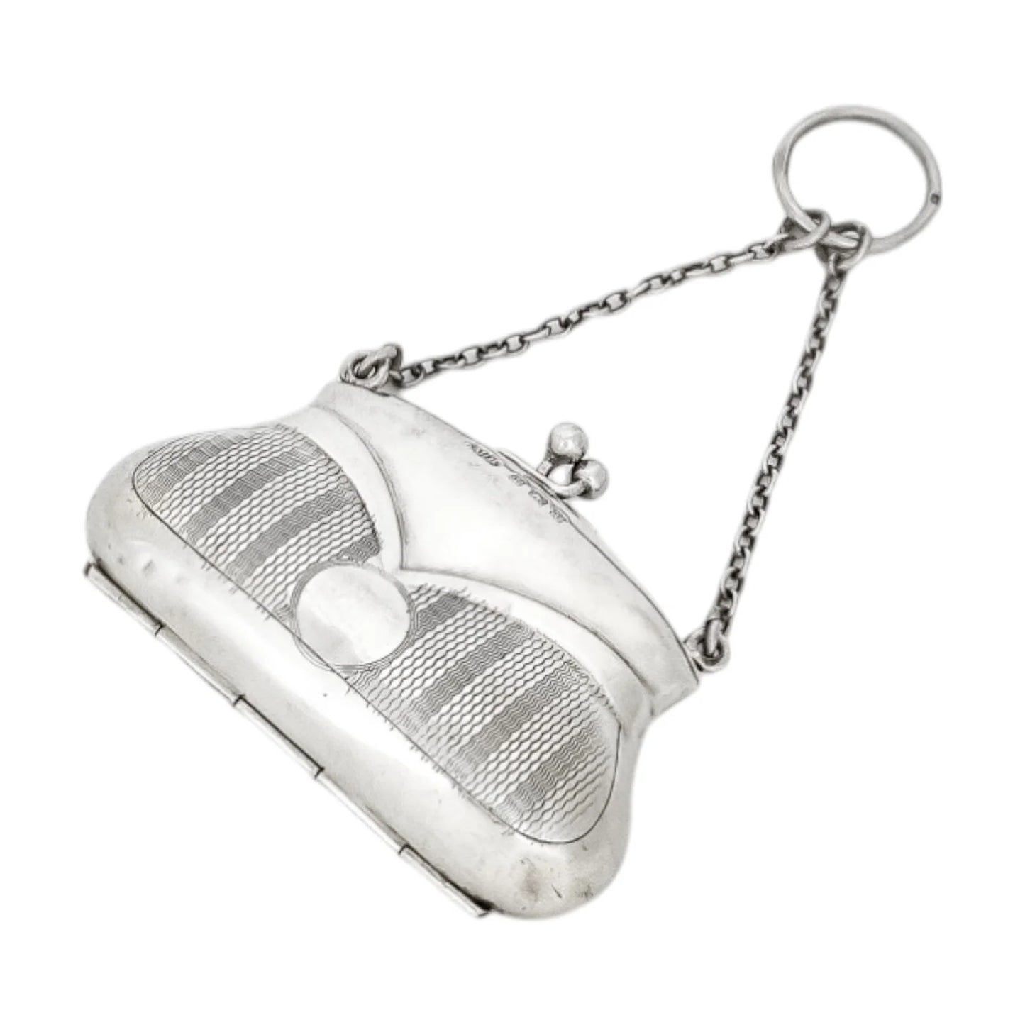 George V sterling silver coin purse evening bag finger ring chain, vacant cartouche