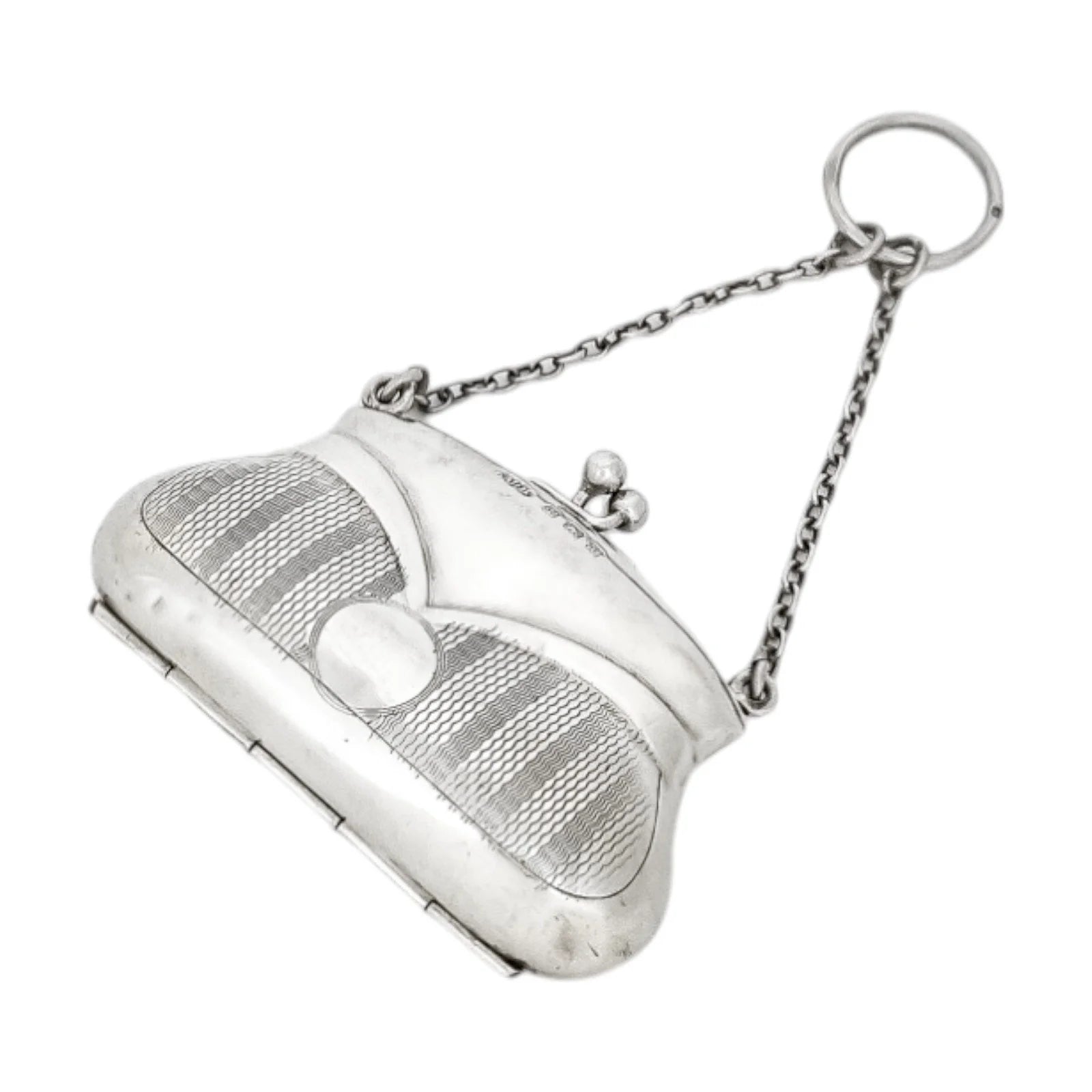 George V sterling silver coin purse evening bag finger ring chain, vacant cartouche