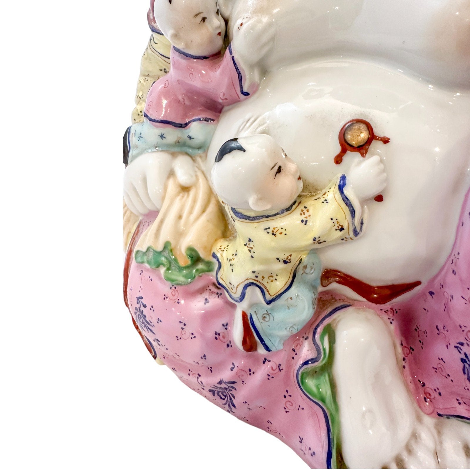 Vintage Chinese porcelain laughing Buddha figurine with children, a symbol of fertility