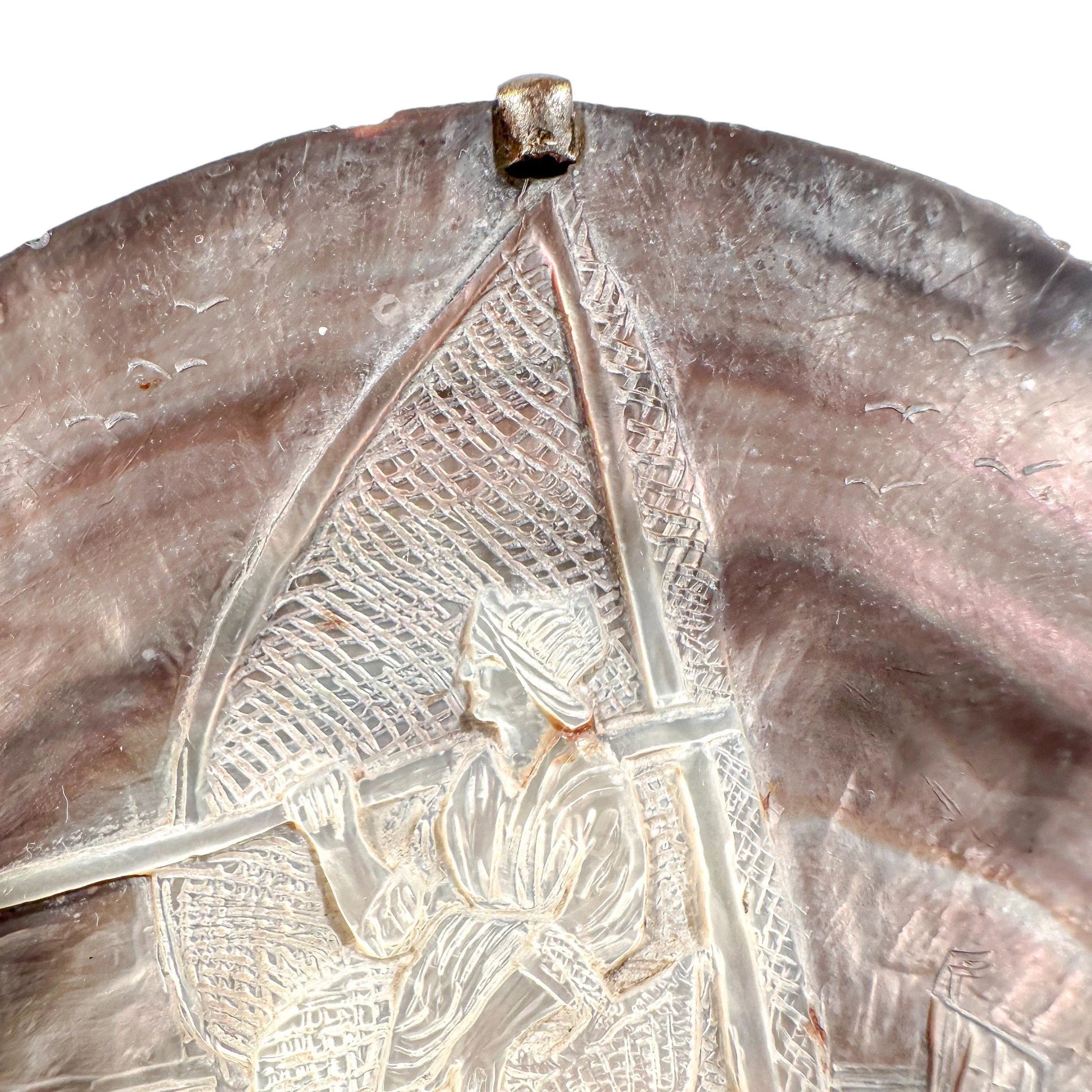 19th-century Flemish mother-of-pearl shell carving of fisherwoman