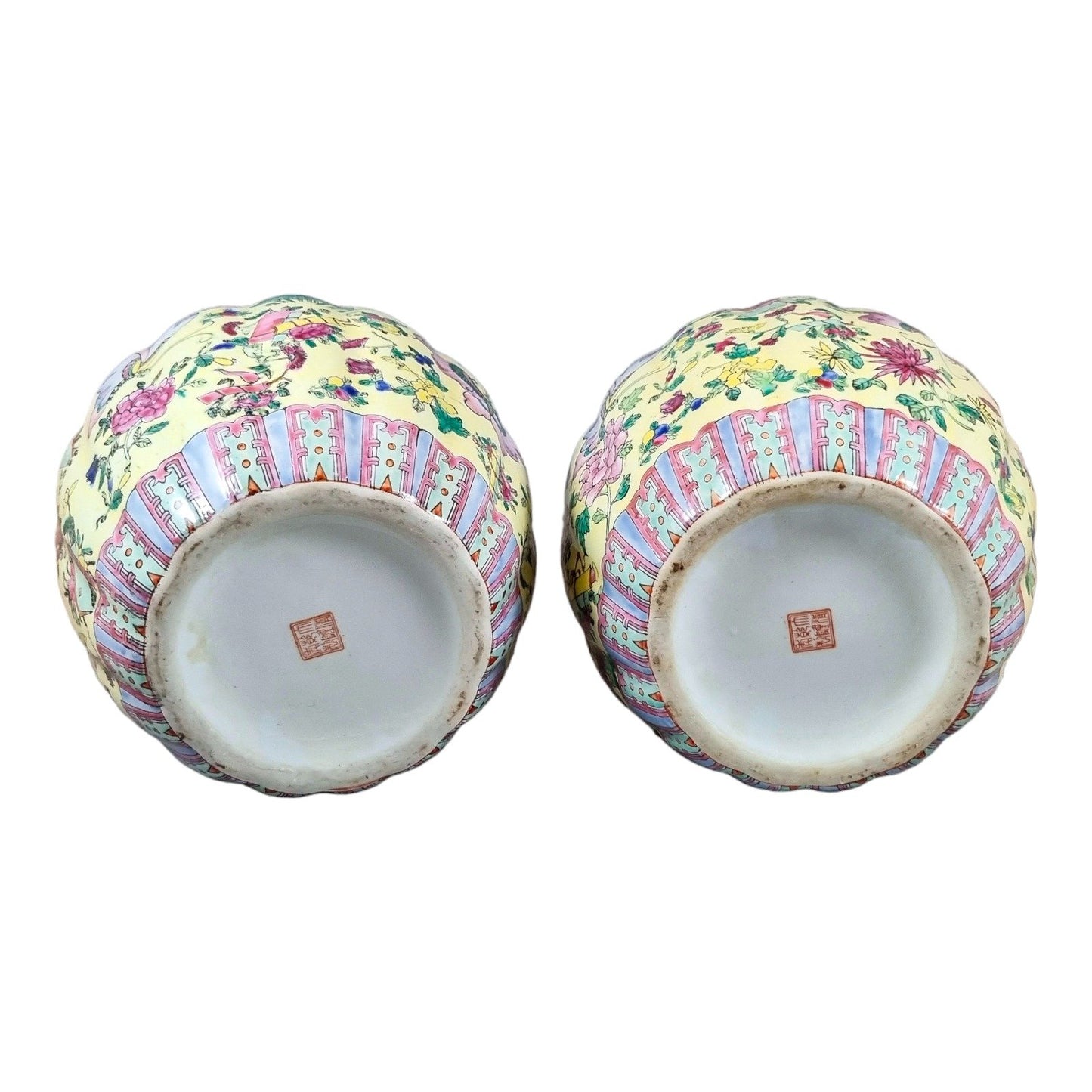 Guangxu Chinese Famille Jaune melon ginger jars painted with lotus flowers and butterflies, Qianlong red mark