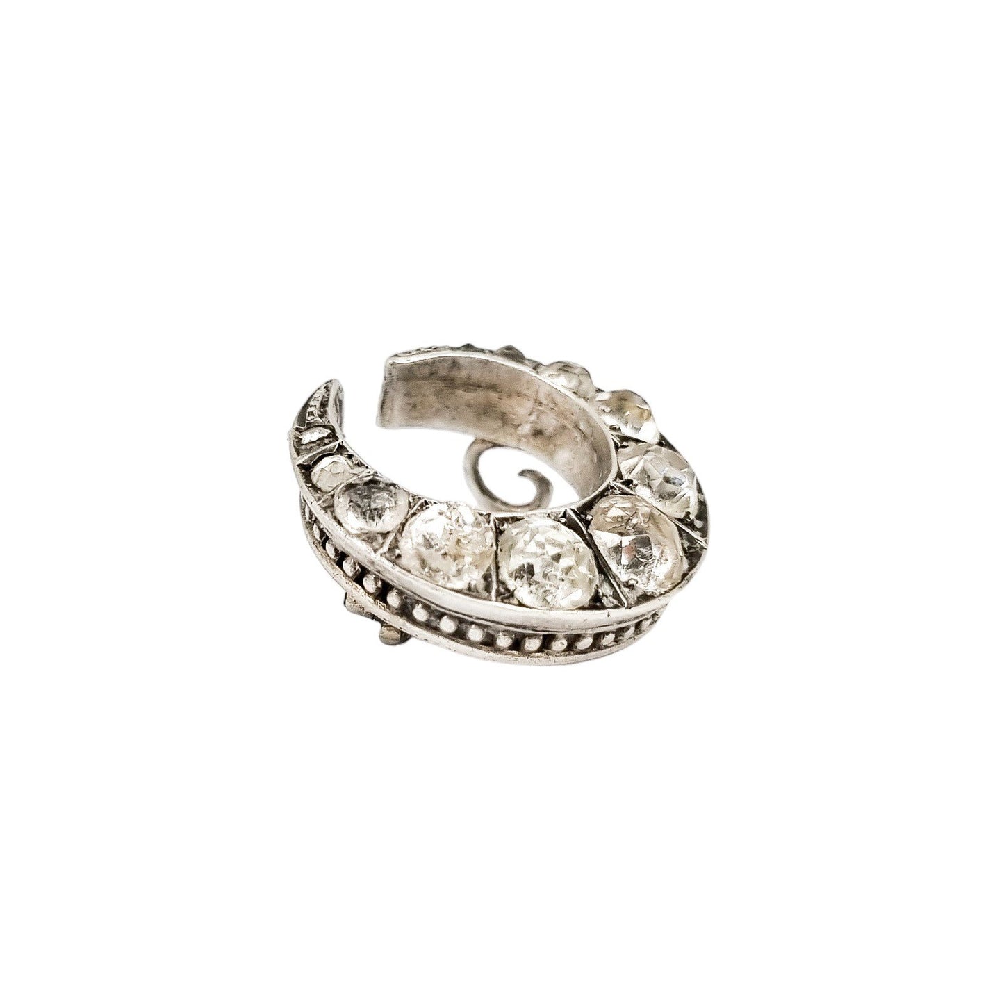 Victorian old mine cut paste silver crescent moon brooch