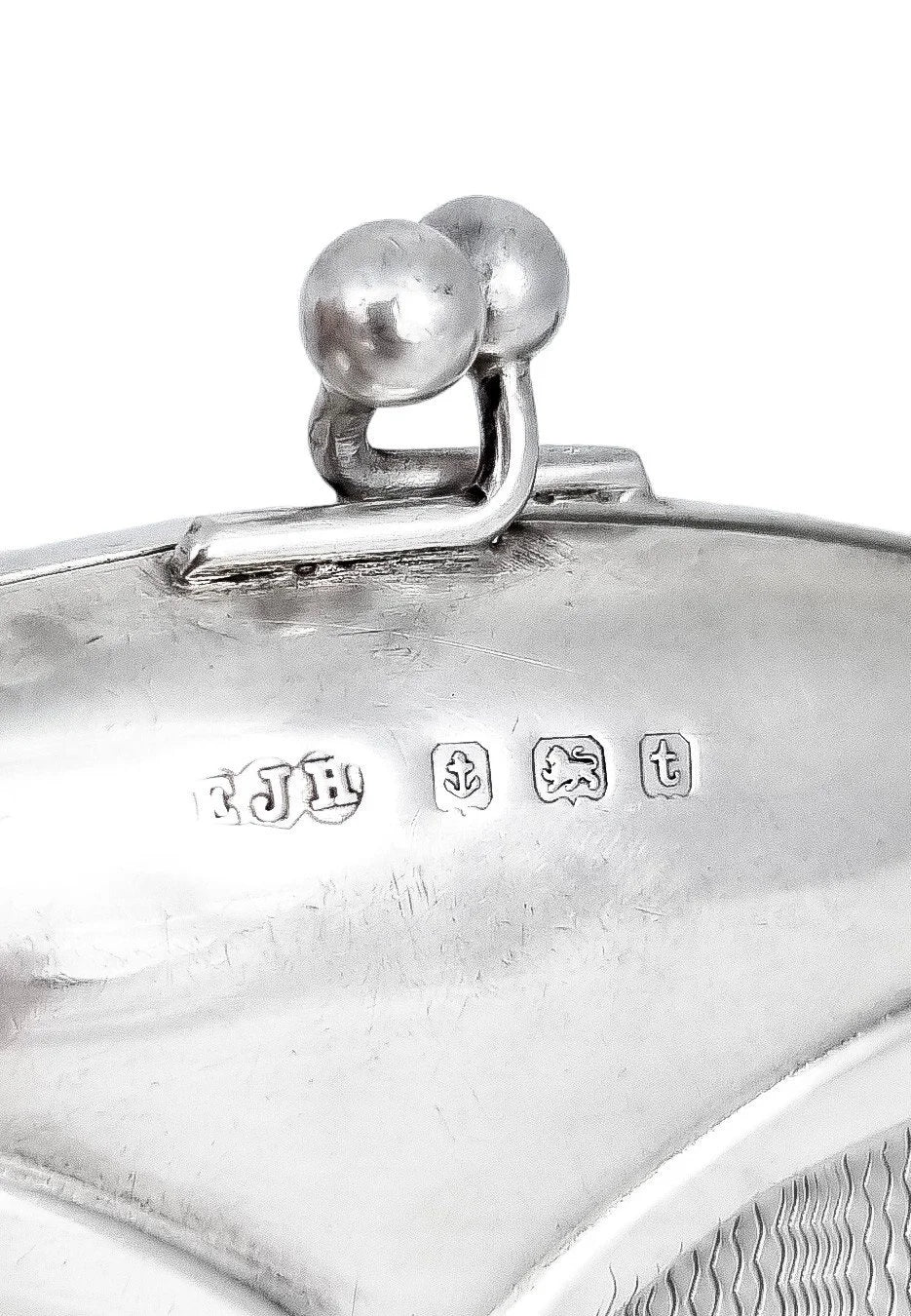 George V sterling silver coin purse evening bag finger ring chain, vacant cartouche