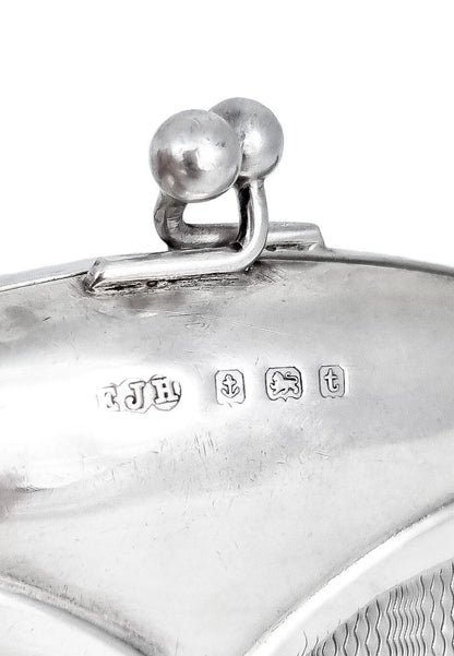 George V sterling silver coin purse evening bag finger ring chain, vacant cartouche