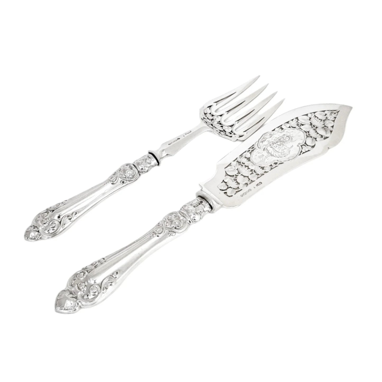 Cased Victorian sterling silver fish serving set with putto, lilies and dolphins, 1858